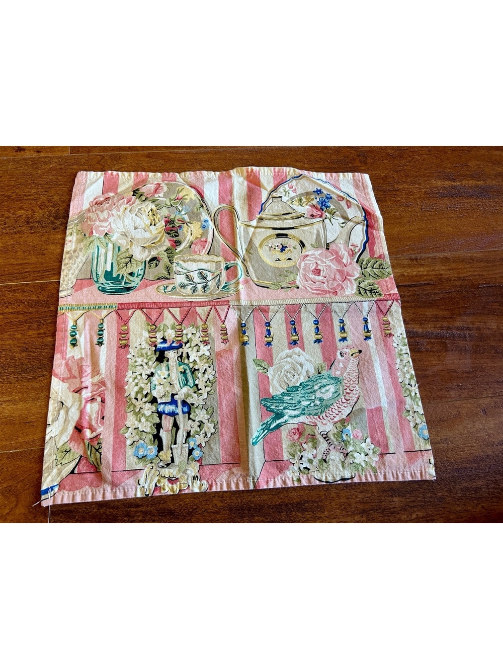 Vintage Floral and Bird Patterned Fabric Napkins - Set of 6